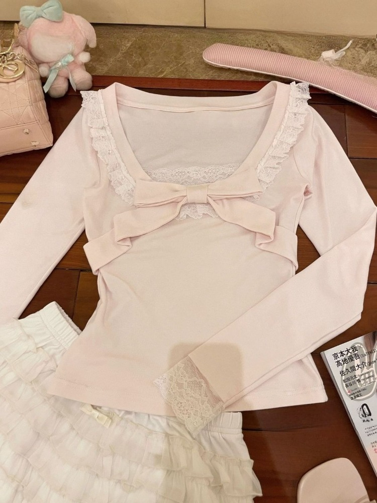 Winter Clothing Layers - 2026 Pink Bow Long-sleeve Lace Inner